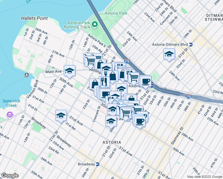 map of restaurants, bars, coffee shops, grocery stores, and more near 2525 Newtown Avenue in Queens