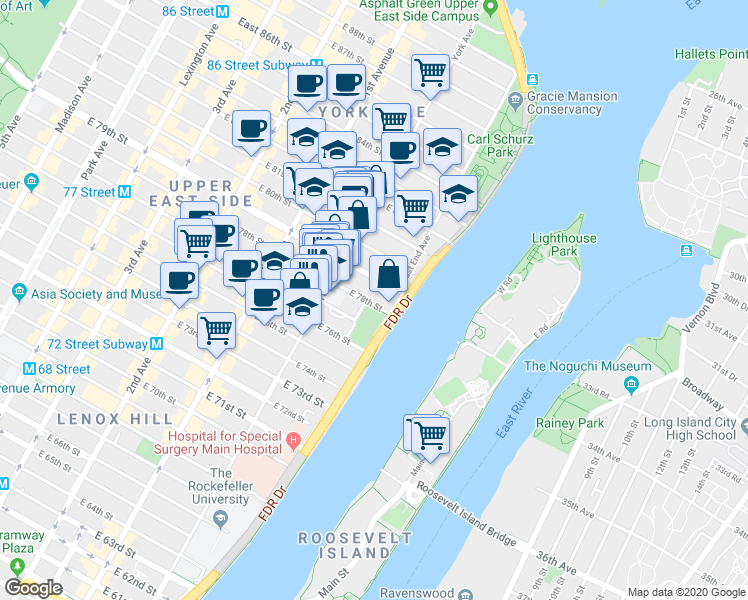 map of restaurants, bars, coffee shops, grocery stores, and more near 555 FDR Drive in New York