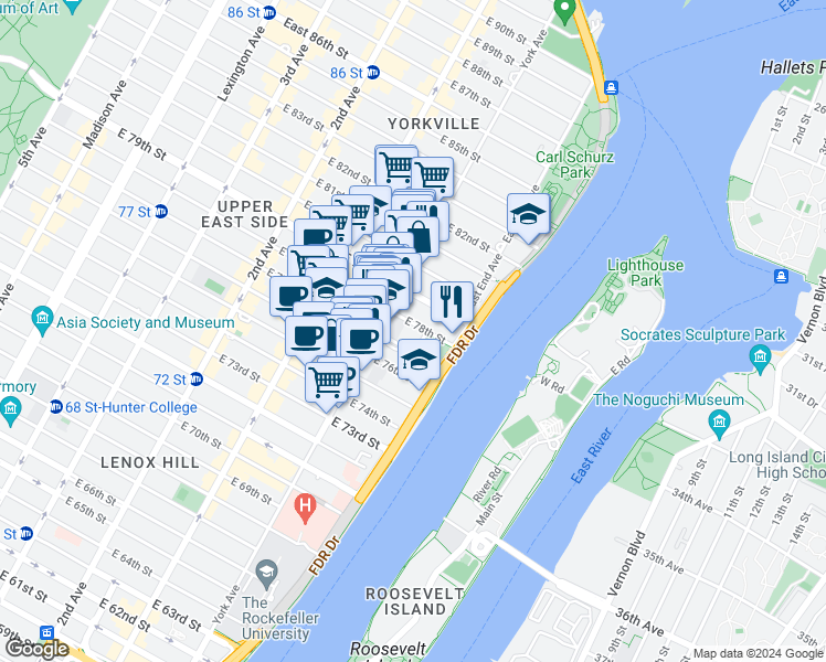 map of restaurants, bars, coffee shops, grocery stores, and more near 520 East 77th Street in New York