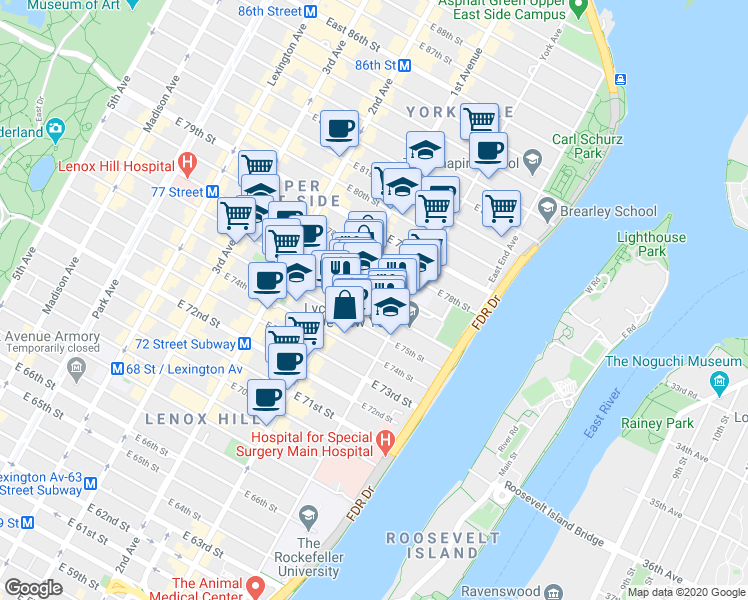 map of restaurants, bars, coffee shops, grocery stores, and more near 419 East 76th Street in New York