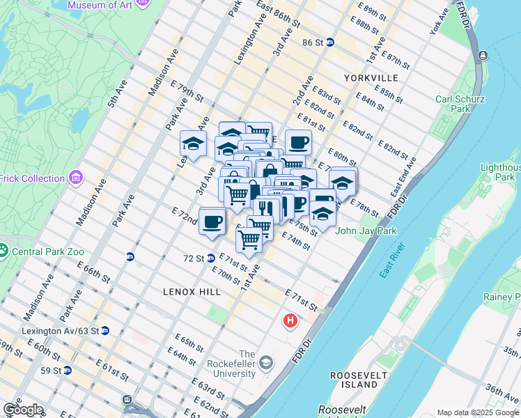 map of restaurants, bars, coffee shops, grocery stores, and more near 310 East 75th Street in New York