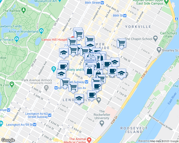 map of restaurants, bars, coffee shops, grocery stores, and more near in New York