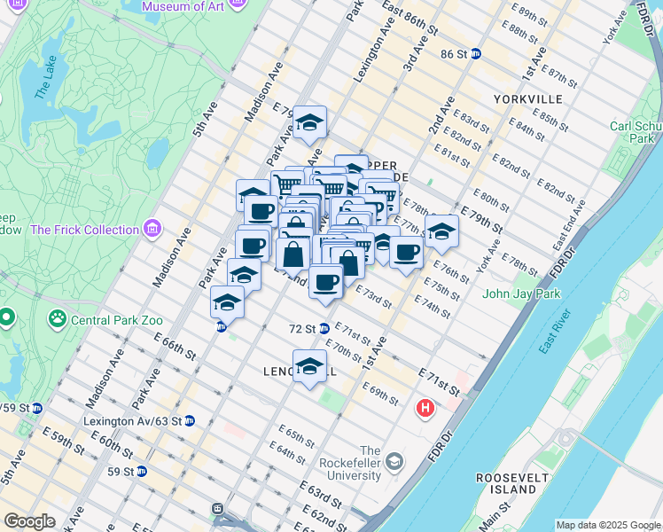 map of restaurants, bars, coffee shops, grocery stores, and more near 220 East 73rd Street in New York