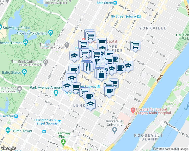 map of restaurants, bars, coffee shops, grocery stores, and more near 220 East 73rd Street in New York