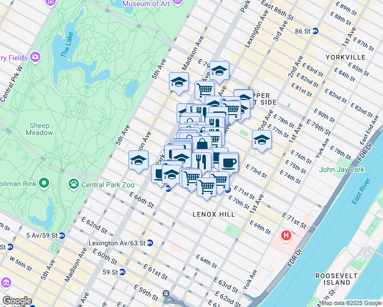 map of restaurants, bars, coffee shops, grocery stores, and more near 158 East 72nd Street in New York