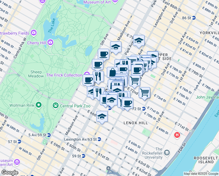map of restaurants, bars, coffee shops, grocery stores, and more near 120 East 71st Street in New York