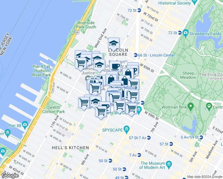 map of restaurants, bars, coffee shops, grocery stores, and more near 426 West 59th Street in New York
