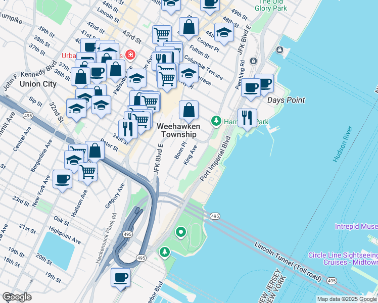 map of restaurants, bars, coffee shops, grocery stores, and more near 24 Bonn Place in Weehawken