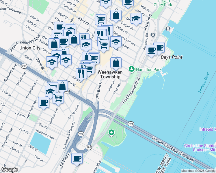 map of restaurants, bars, coffee shops, grocery stores, and more near 24 Bonn Place in Weehawken