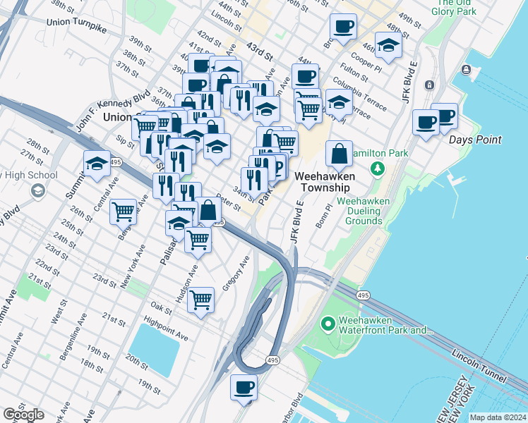 map of restaurants, bars, coffee shops, grocery stores, and more near 3343 Park Avenue in Union City