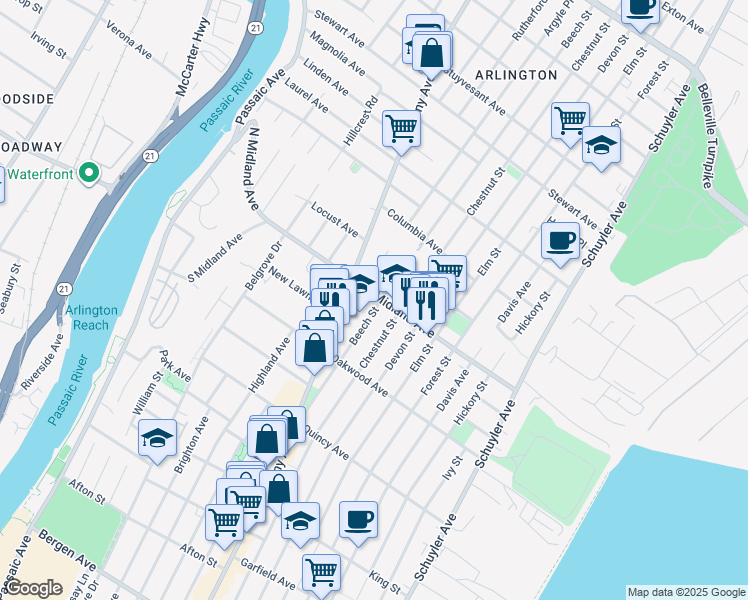 map of restaurants, bars, coffee shops, grocery stores, and more near 128 Midland Avenue in Kearny