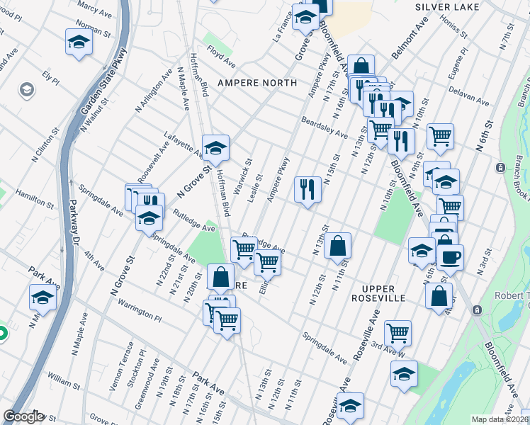 map of restaurants, bars, coffee shops, grocery stores, and more near 99 Ampere Parkway in East Orange