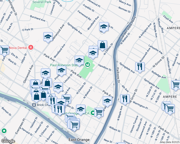 map of restaurants, bars, coffee shops, grocery stores, and more near 205 North Clinton Street in East Orange