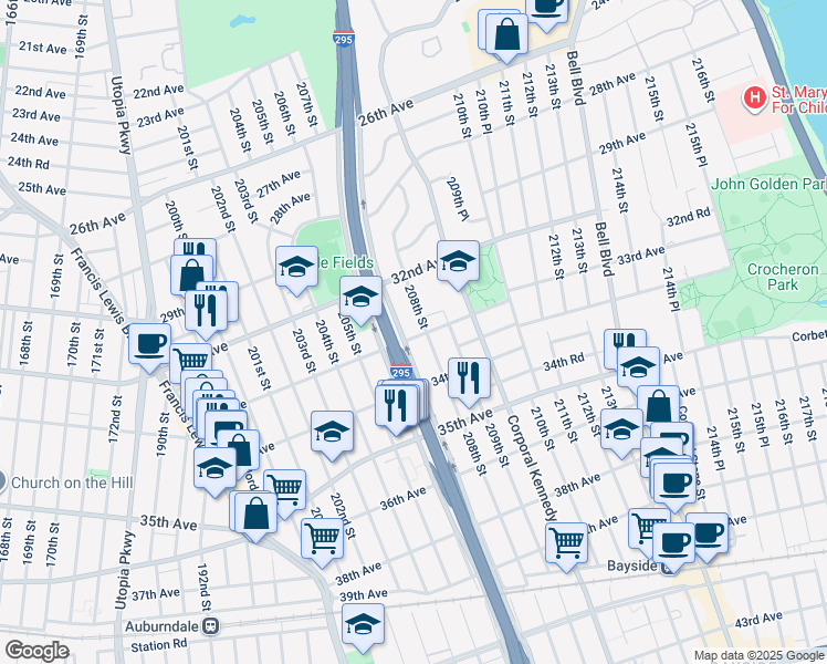 map of restaurants, bars, coffee shops, grocery stores, and more near 207-9 33rd Avenue in Queens