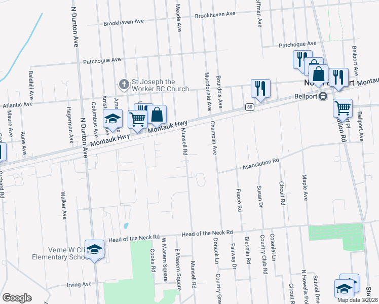 map of restaurants, bars, coffee shops, grocery stores, and more near 455 Munsell Road in East Patchogue