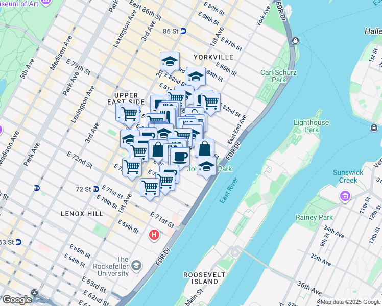 map of restaurants, bars, coffee shops, grocery stores, and more near 517 East 77th Street in New York