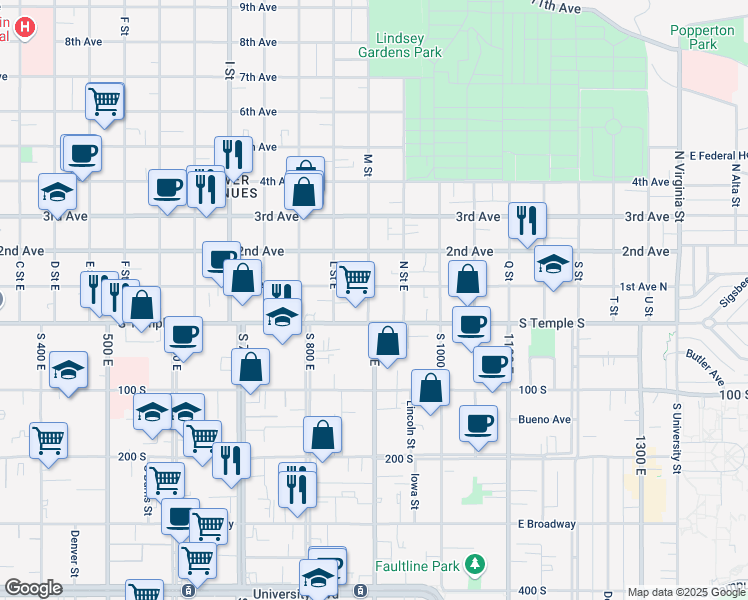 map of restaurants, bars, coffee shops, grocery stores, and more near 24 M Street in Salt Lake City
