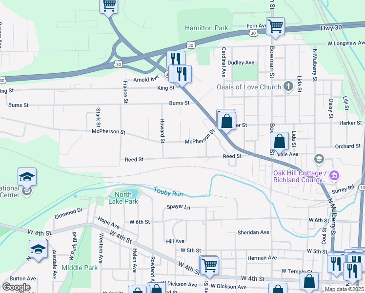 map of restaurants, bars, coffee shops, grocery stores, and more near 477 McPherson Street in Mansfield