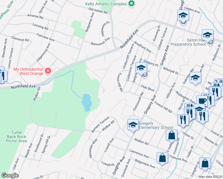 map of restaurants, bars, coffee shops, grocery stores, and more near 10 Essex Terrace in West Orange