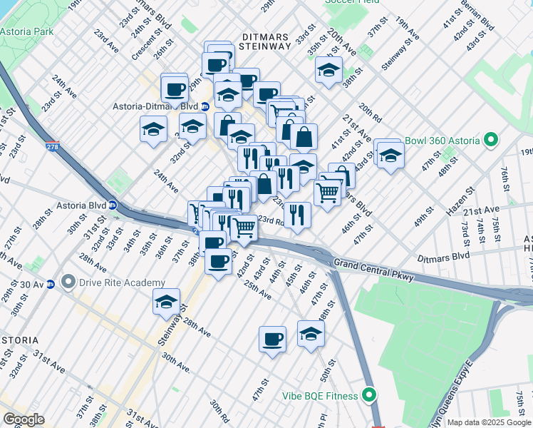 map of restaurants, bars, coffee shops, grocery stores, and more near 23-25 41st Street in Queens