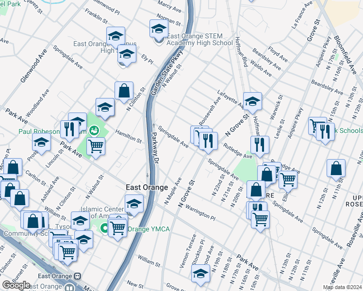 map of restaurants, bars, coffee shops, grocery stores, and more near 267 Springdale Avenue in East Orange