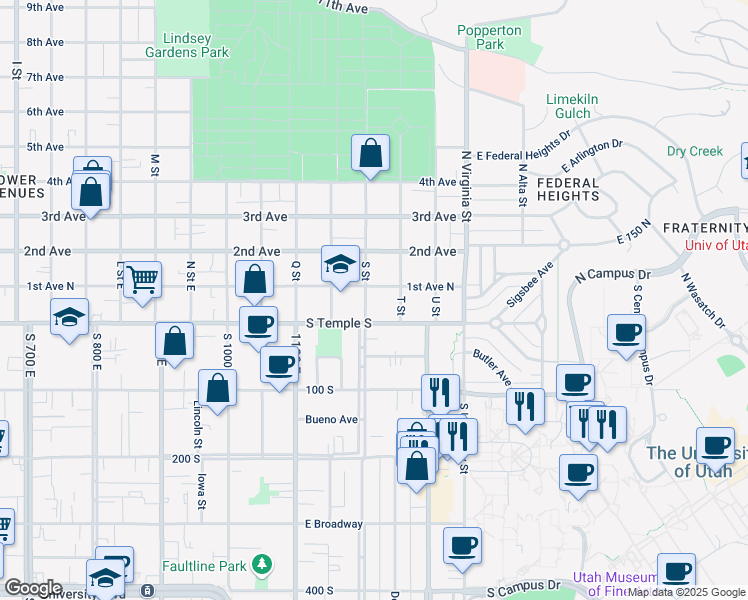 map of restaurants, bars, coffee shops, grocery stores, and more near 30 S Street in Salt Lake City