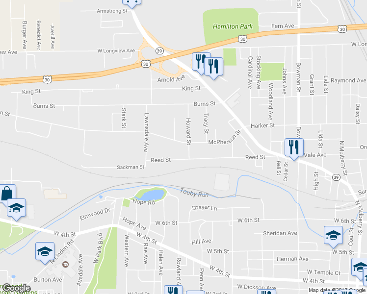 map of restaurants, bars, coffee shops, grocery stores, and more near 513 1/2 McPherson Street in Mansfield