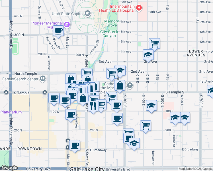 map of restaurants, bars, coffee shops, grocery stores, and more near 150 East 1st Avenue in Salt Lake City