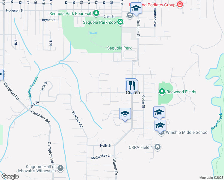 map of restaurants, bars, coffee shops, grocery stores, and more near 2105 Fern Street in Eureka