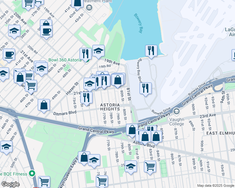 map of restaurants, bars, coffee shops, grocery stores, and more near 21-21 79th Street in Queens