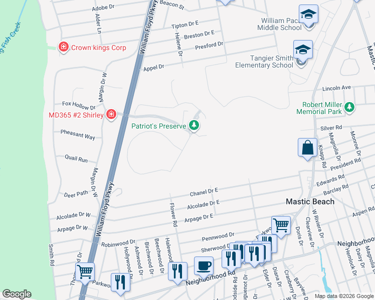 map of restaurants, bars, coffee shops, grocery stores, and more near 193 Flower Road in Shirley