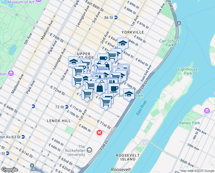 map of restaurants, bars, coffee shops, grocery stores, and more near 419 East 76th Street in New York