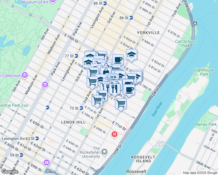 map of restaurants, bars, coffee shops, grocery stores, and more near 339 East 75th Street in New York