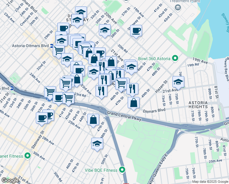 map of restaurants, bars, coffee shops, grocery stores, and more near 45-2 Ditmars Boulevard in Queens
