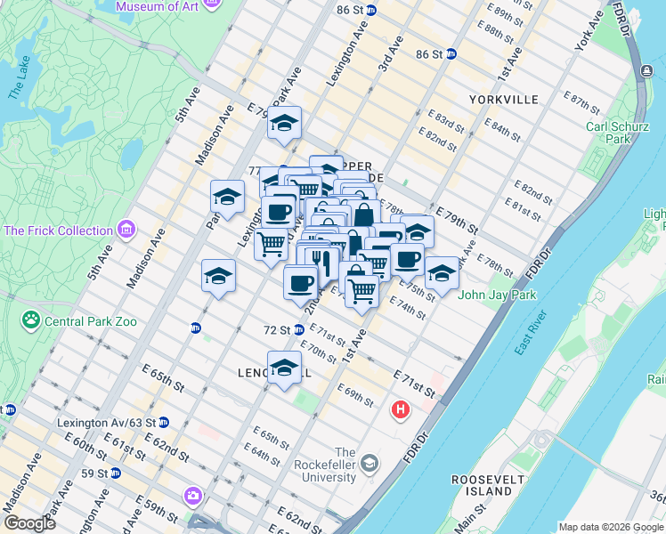 map of restaurants, bars, coffee shops, grocery stores, and more near 2nd Ave & E 74th St in New York