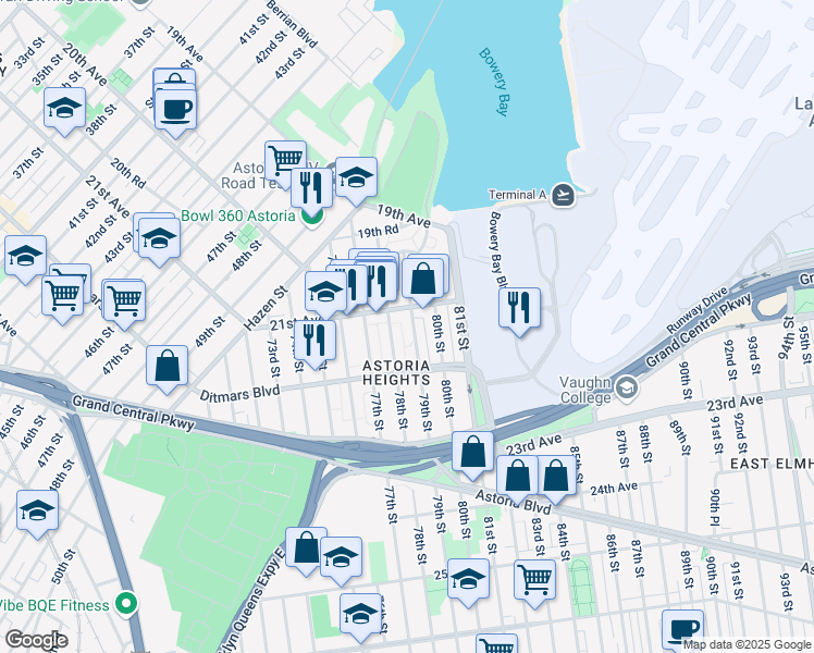 map of restaurants, bars, coffee shops, grocery stores, and more near 21-17 78th Street in Queens