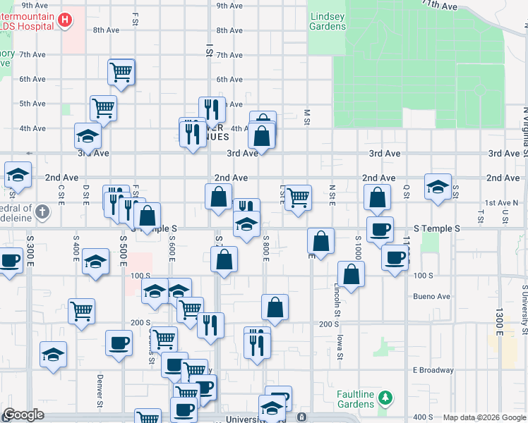 map of restaurants, bars, coffee shops, grocery stores, and more near 777 East South Temple Street in Salt Lake City