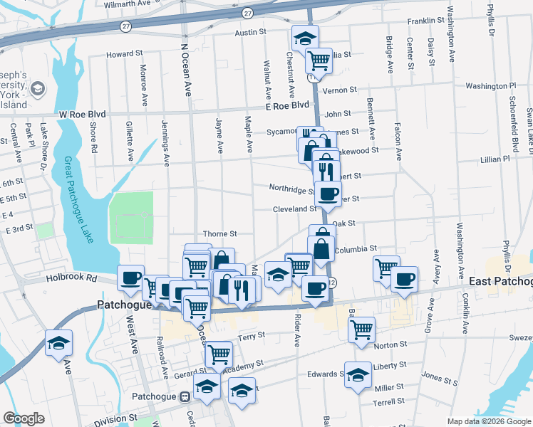 map of restaurants, bars, coffee shops, grocery stores, and more near 10 Cleveland Street in Patchogue