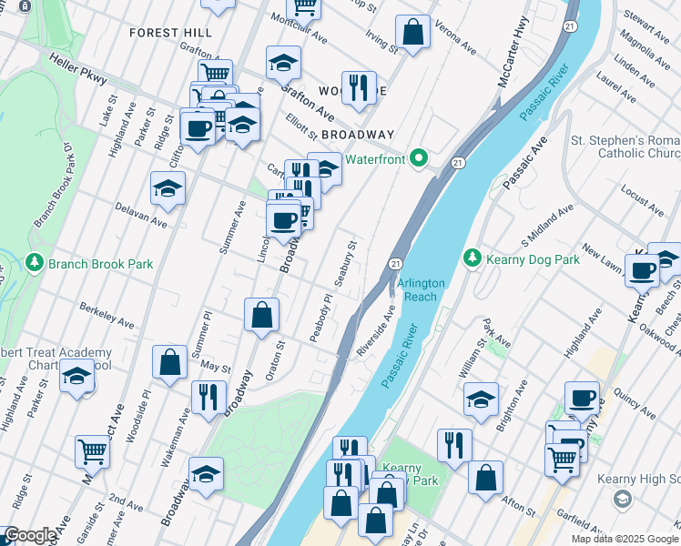 map of restaurants, bars, coffee shops, grocery stores, and more near 16 Seabury Street in Newark
