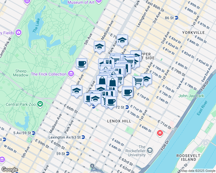 map of restaurants, bars, coffee shops, grocery stores, and more near 160 East 72nd Street in New York