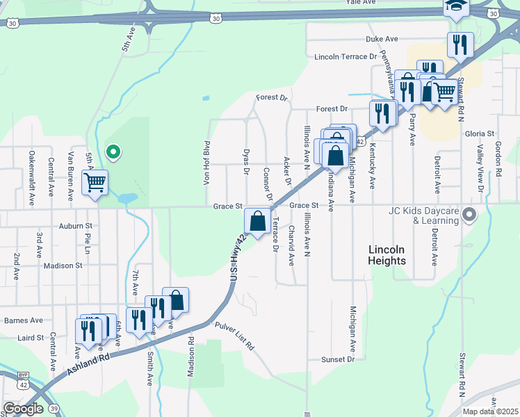 map of restaurants, bars, coffee shops, grocery stores, and more near 770 Ashland Road in Mansfield