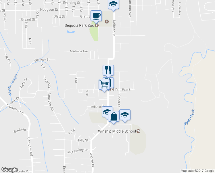 map of restaurants, bars, coffee shops, grocery stores, and more near 3980 Walnut Drive in Eureka