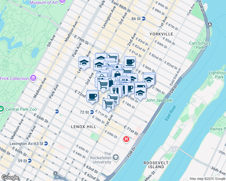 map of restaurants, bars, coffee shops, grocery stores, and more near 310 East 75th Street in New York