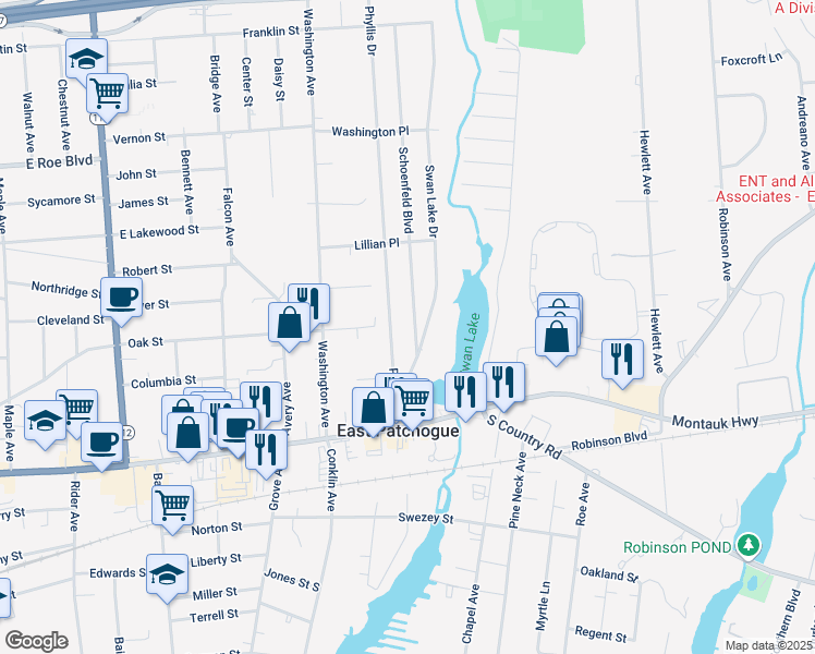 map of restaurants, bars, coffee shops, grocery stores, and more near 102 Schoenfeld Boulevard in Patchogue
