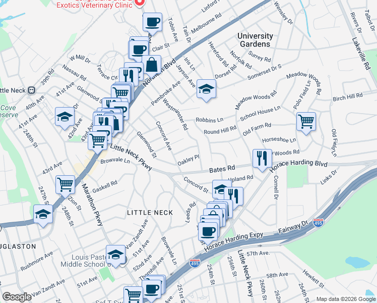 map of restaurants, bars, coffee shops, grocery stores, and more near 27 Oakley Place in Great Neck