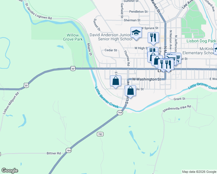 map of restaurants, bars, coffee shops, grocery stores, and more near 521 Maple Street in Lisbon