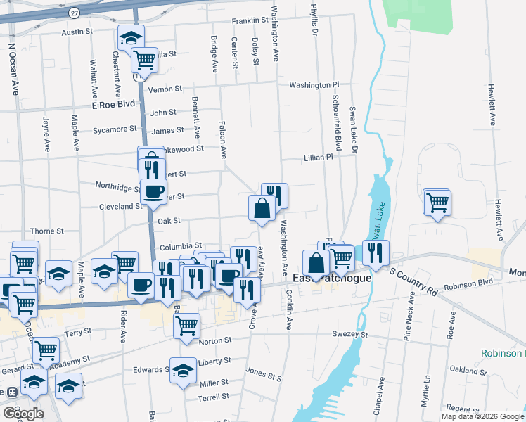 map of restaurants, bars, coffee shops, grocery stores, and more near 89 Avery Avenue in Patchogue