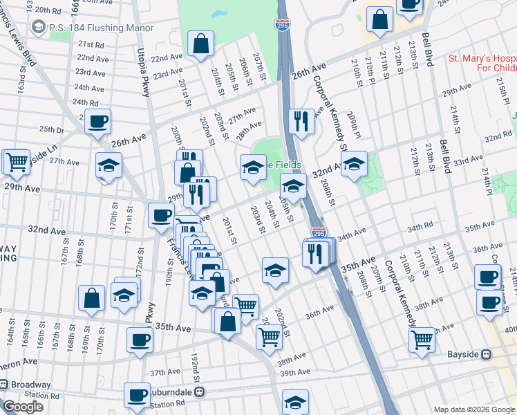 map of restaurants, bars, coffee shops, grocery stores, and more near 32-16 203rd Street in Queens