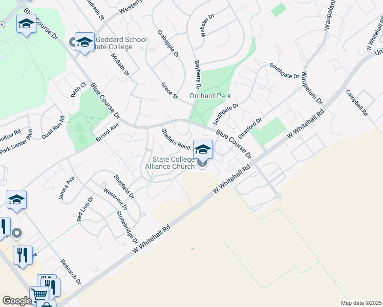 map of restaurants, bars, coffee shops, grocery stores, and more near 3180 Shellers Bend in State College