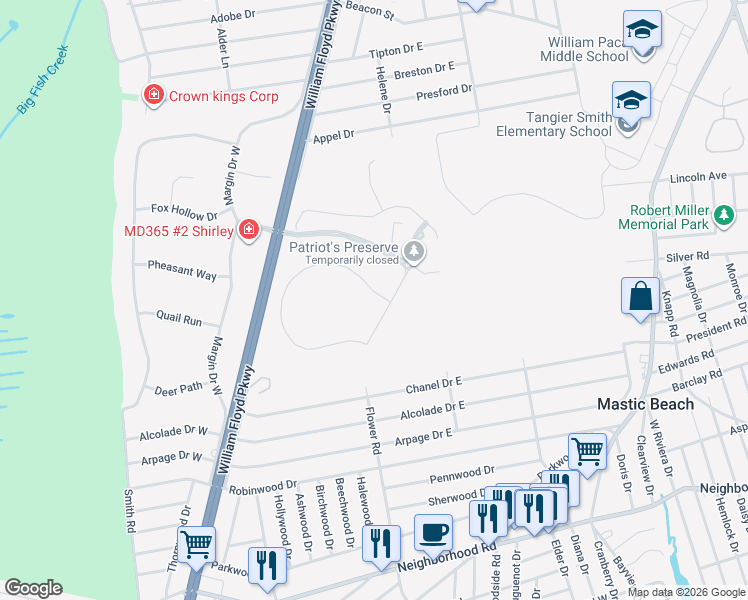 map of restaurants, bars, coffee shops, grocery stores, and more near 4 Pondview Circle in Shirley